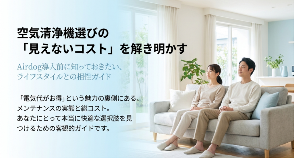 明るいリビングでくつろぐ夫婦と、空気清浄機の本体価格やメンテナンスを含む見えないコストを解説する表紙