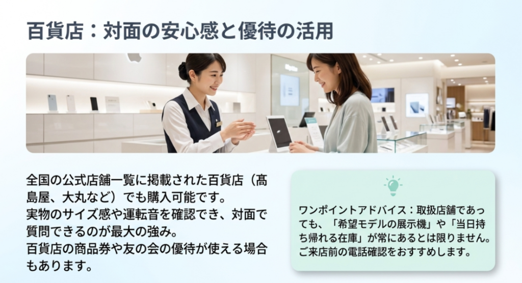 百貨店の売場で店員に相談する女性と、対面説明や商品券の利用、展示と在庫の事前確認を案内した画像