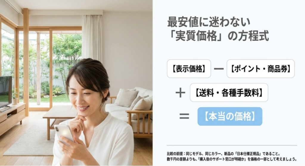 表示価格からポイントや商品券を差し引き、送料や手数料を加えて本当の購入価格を求める考え方