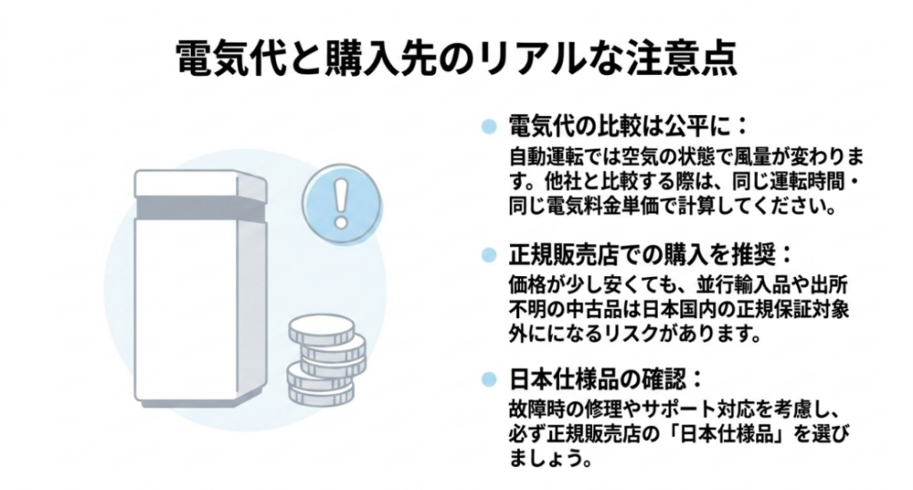 空気清浄機の電気代は同じ条件で比較し、保証や修理対応を考えて正規販売店の日本仕様品を選ぶ注意点