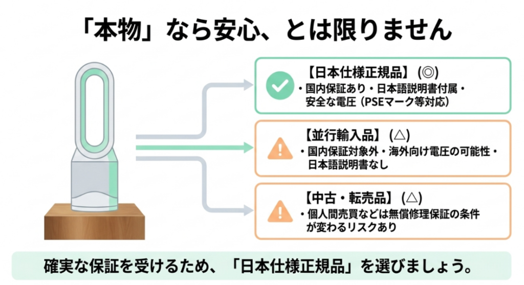 日本仕様正規品、並行輸入品、中古・転売品について、国内保証や日本語説明書、電圧仕様の違いを比較した図