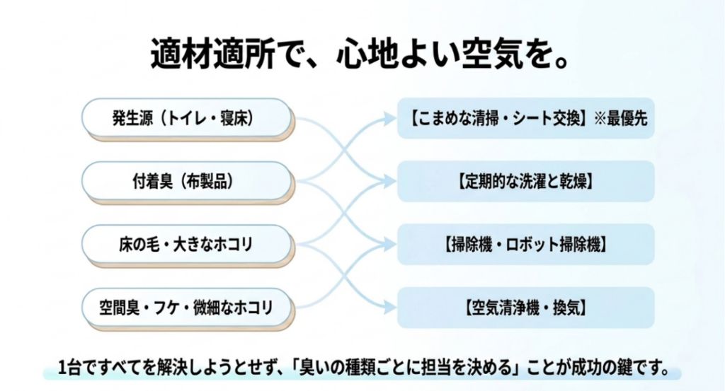 発生源は清掃、付着臭は洗濯、床の毛は掃除機、空間臭やフケは空気清浄機で対策する役割分担図