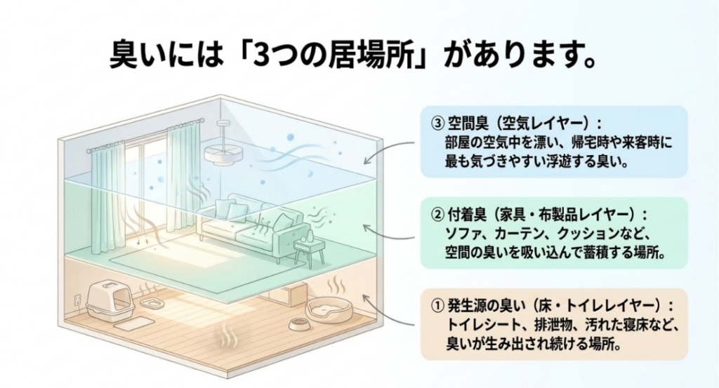 ペット臭をトイレや寝床の発生源、家具や布製品の付着臭、部屋の空気中に漂う空間臭に分けた図