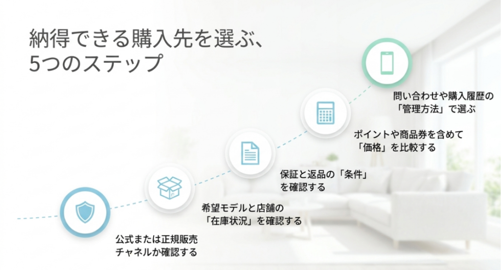 正規販売チャネル、在庫、保証と返品、実質価格、購入履歴の管理方法を順番に確認する5つの手順