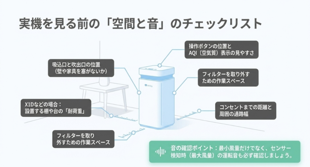 吸込口と吹出口、操作ボタン、フィルター交換スペース、コンセント、通路幅、運転音の確認箇所を示した図