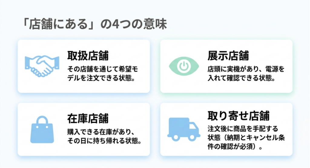 取扱店舗、展示店舗、在庫店舗、取り寄せ店舗の違いを4つの枠で説明した比較図