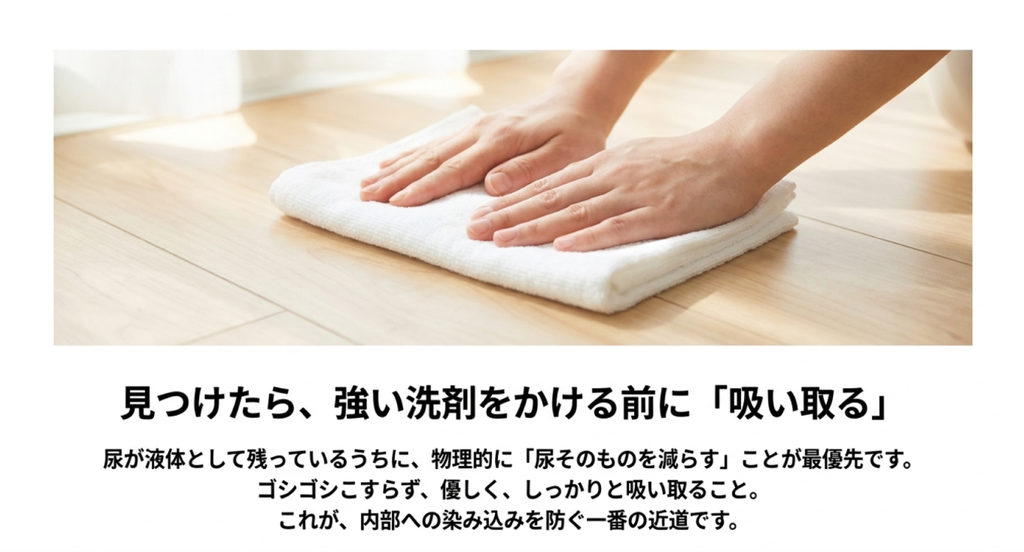 ペットが粗相した床の尿を洗剤を使う前にタオルで優しく吸い取る様子