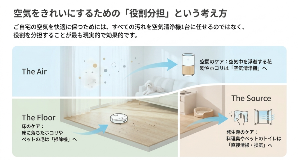 空中の花粉やホコリは空気清浄機、床のホコリやペットの毛は掃除機、料理臭やペットトイレなどの発生源は直接清掃と換気で対策する役割分担を示した図