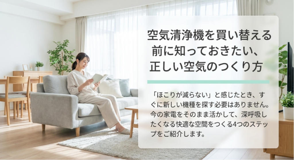 空気清浄機を買い替える前に確認したい正しい空気環境のつくり方を紹介するスライド