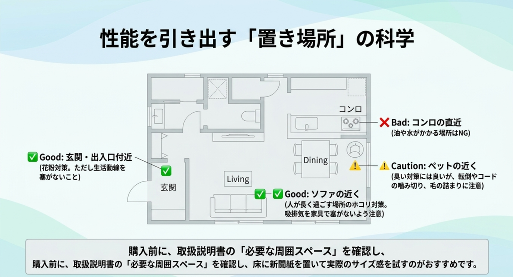 LDKの間取り図を使い、花粉対策の玄関付近、ホコリ対策のソファ付近、ペット周辺の注意点、コンロ直近を避けることなど空気清浄機の設置場所を示した図