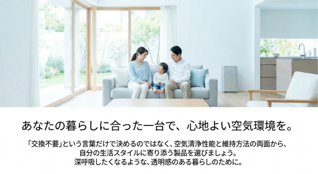 フィルター交換不要だけで決めず、空気清浄性能と維持方法から生活スタイルに合う空気清浄機を選ぶ考え方