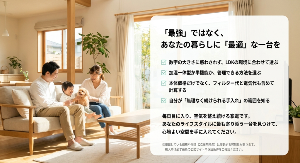 家族と犬が過ごす明るいリビングを背景に、適用床面積、加湿の有無、維持費、手入れ方法から自分の暮らしに最適な空気清浄機を選ぶポイントをまとめたスライド