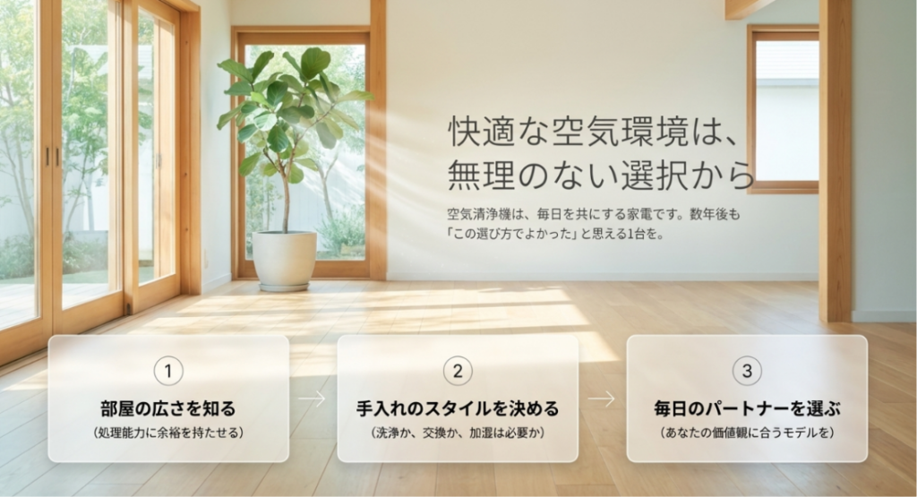 部屋の広さを確認し、手入れ方法を決め、自分の価値観に合う空気清浄機を選ぶ3ステップ