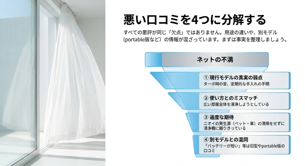 エアドッグミニの悪い口コミを現行モデルの弱点、使い方のミスマッチ、過度な期待、別モデルとの混同の4つに分類した図
