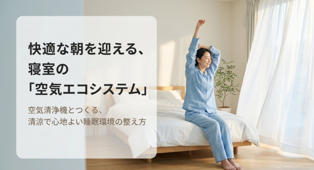 朝の光が入る寝室でベッドに座る女性と、「快適な朝を迎える、寝室の空気エコシステム」「空気清浄機とつくる、清涼で心地よい睡眠環境の整え方」と表示した表紙スライド
