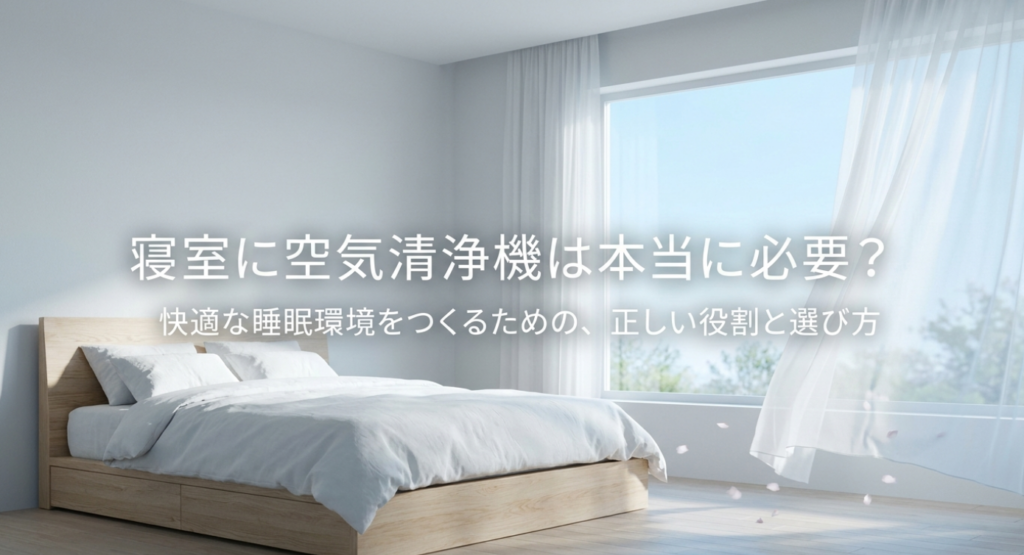 明るい寝室のベッドと大きな窓を背景に、「寝室に空気清浄機は本当に必要？」「快適な睡眠環境をつくるための、正しい役割と選び方」と表示し、寝室で空気清浄機を使う必要性や考え方を伝える表紙スライド。