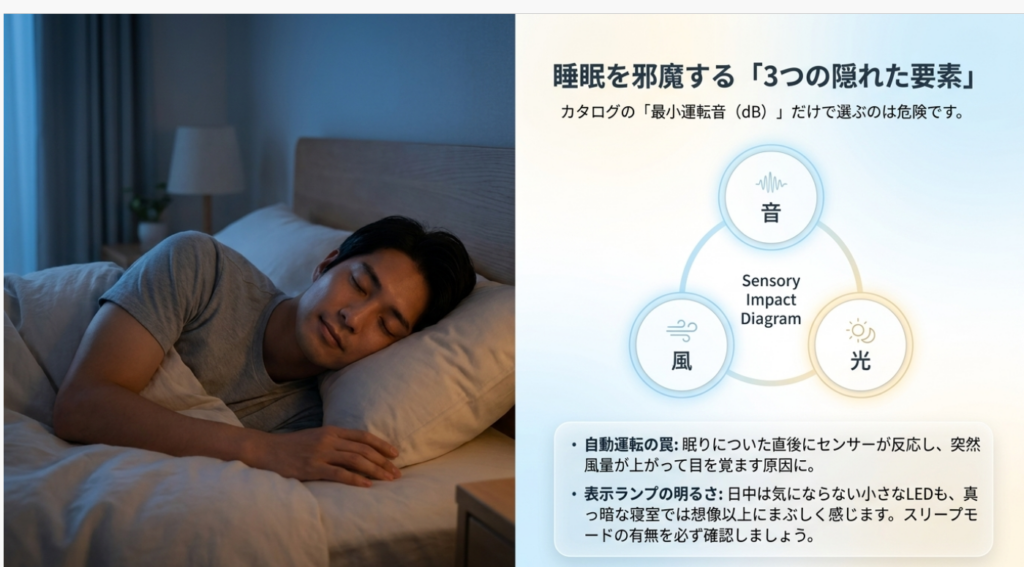 寝室で眠る男性の写真と、空気清浄機の運転音、就寝中に当たる風、表示ランプの光という睡眠を邪魔しやすい3つの要素を示したスライド