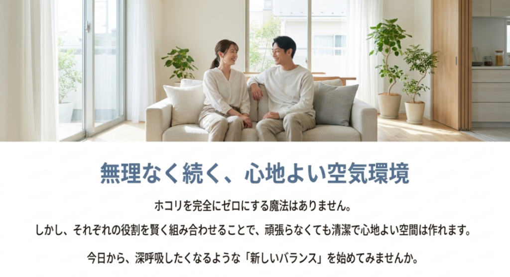 ホコリを完全にゼロにせず、それぞれの対策を組み合わせて清潔で心地よい空気環境を目指すイメージ
