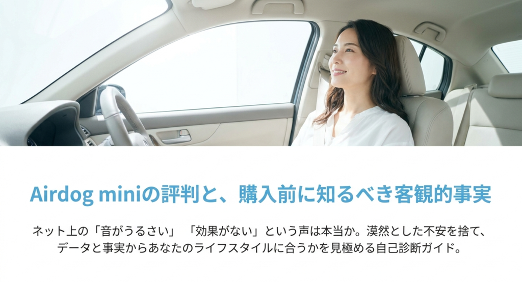 明るい車内で白い服の女性が前方を見ながら穏やかに座る様子と、「Airdog miniの評判と、購入前に知るべき客観的事実」という見出しを配置したスライド。「音がうるさい」「効果がない」といった口コミを、データと事実から検証し、自分のライフスタイルに合うか判断する内容を示している。