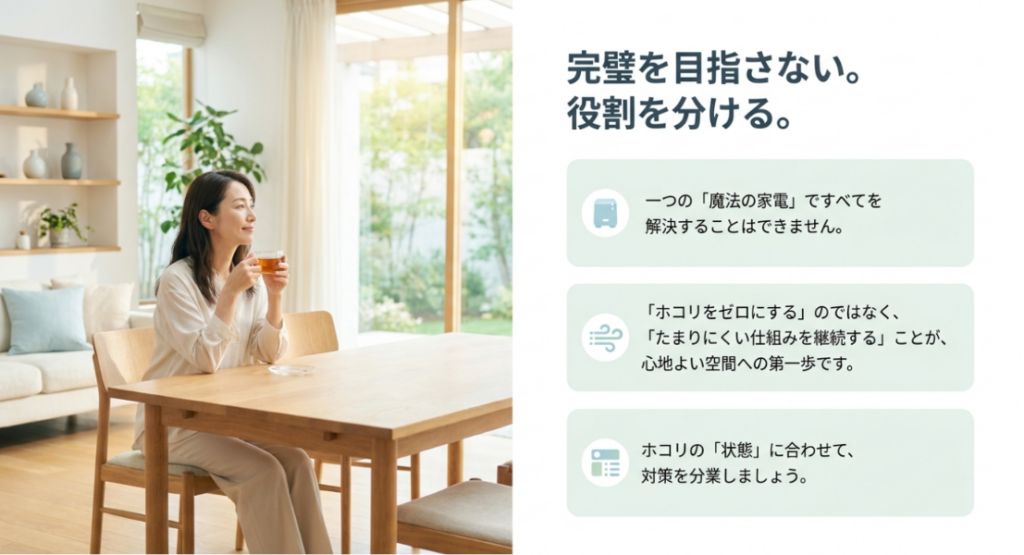 ホコリを完全になくすのではなく、状態に合わせて対策の役割を分ける考え方を示した画像