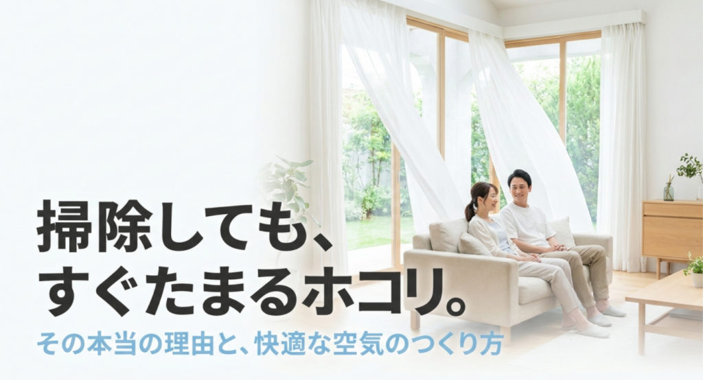明るく清潔感のあるリビングを背景に、「掃除してもすぐホコリがたまる理由」と「快適な空気のつくり方」をテーマとして、埃っぽい部屋を無理なく改善する考え方を伝えるイメージ