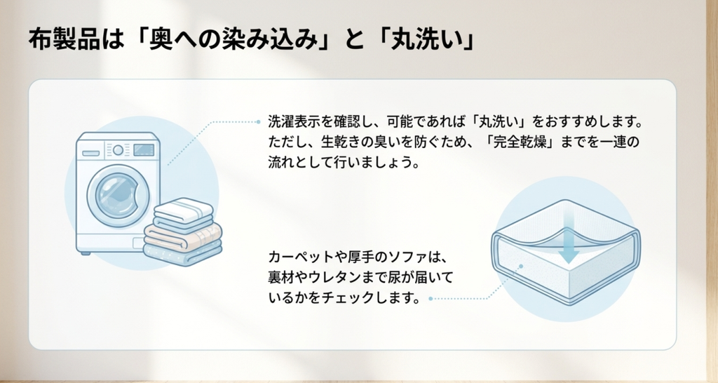 カーペットやソファなど布製品の尿汚れを確認し洗える場合は丸洗いして完全乾燥する方法