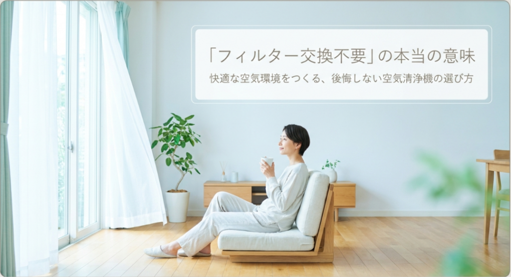 明るく清潔感のあるリビングでくつろぐ女性と、「フィルター交換不要」の本当の意味、「快適な空気環境をつくる、後悔しない空気清浄機の選び方」というメッセージを掲載したスライド。