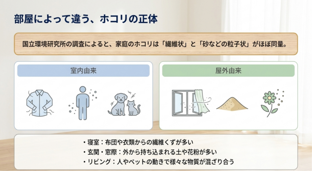 衣類や人、ペットなどの室内由来と窓から入る土や花粉などの屋外由来に分けてホコリの原因を示した図