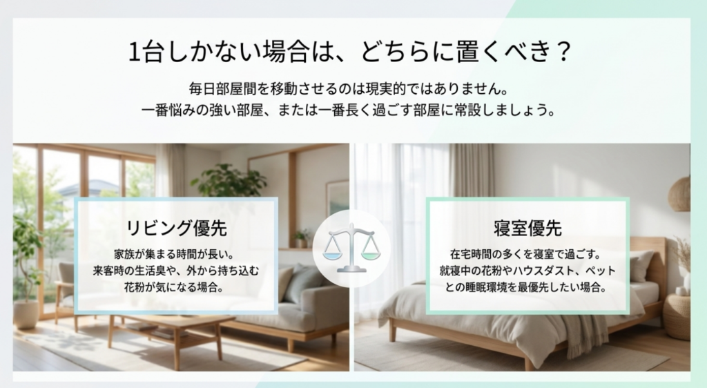 家族が集まり生活臭や花粉が気になる場合はリビング、在宅時間や就寝中の花粉・ハウスダスト・ペット環境を重視する場合は寝室を優先する考え方を比較したスライド