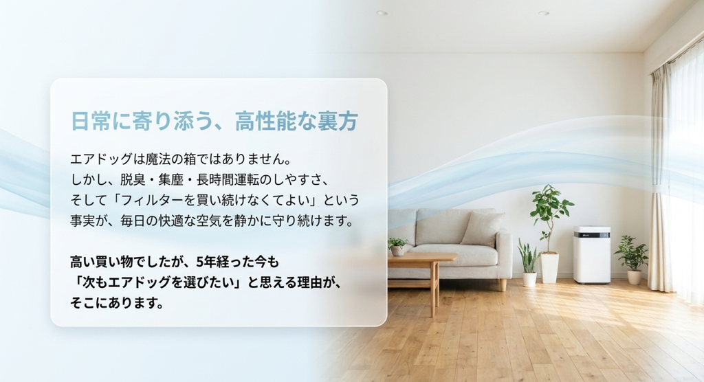 明るいリビングに空気清浄機を設置し、脱臭・集塵・長時間運転のしやすさや交換フィルターを買い続けなくてよい点から、5年後も次に選びたい理由をまとめたスライド