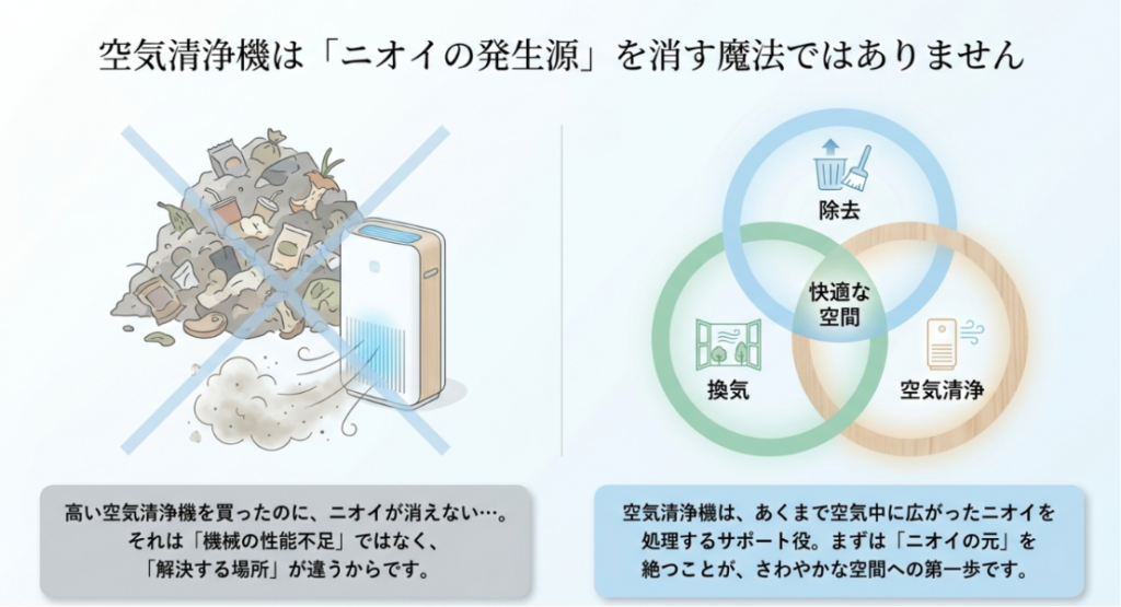 部屋の臭い対策では空気清浄機だけに頼らず根本的な環境改善が必要であることを示す図