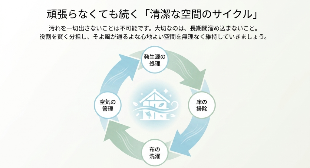 発生源の処理、床の掃除、布製品の洗濯、空気の管理を循環させ、ペット臭や汚れを長期間溜めない仕組みを示した図