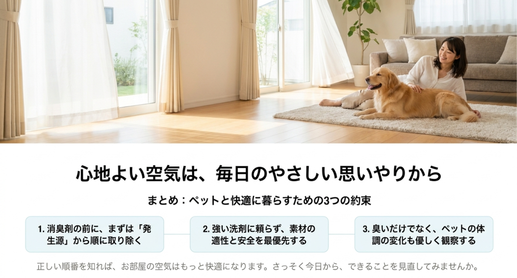 発生源の除去、素材に合った安全な掃除、ペットの体調観察という尿臭対策の3つのポイント