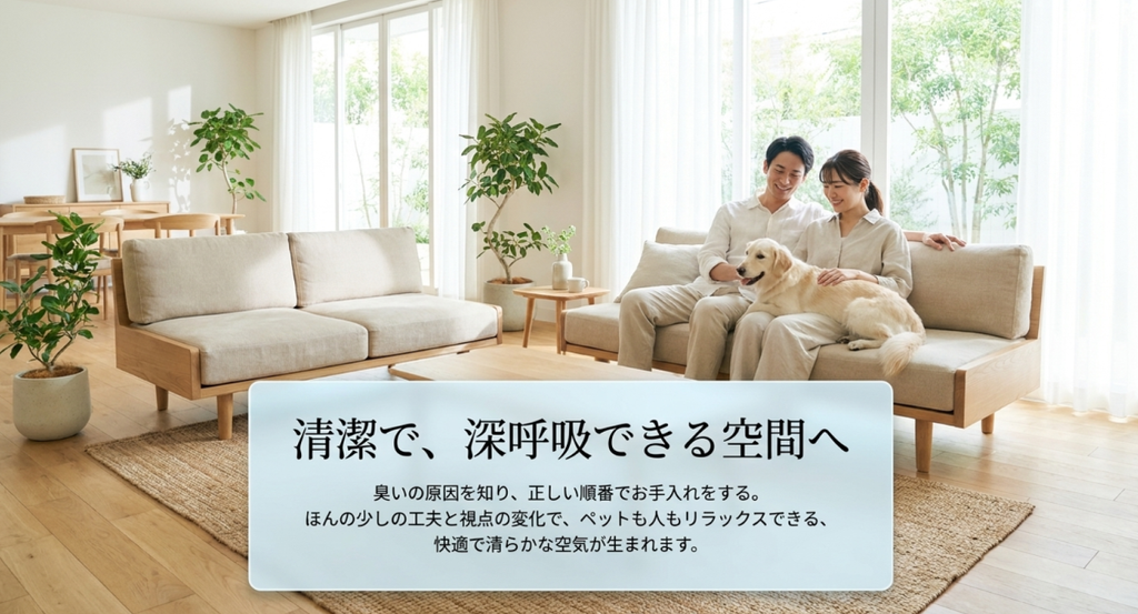 ペットの尿臭の原因を見つけ正しい順番で掃除して清潔で快適な室内環境を保つイメージ