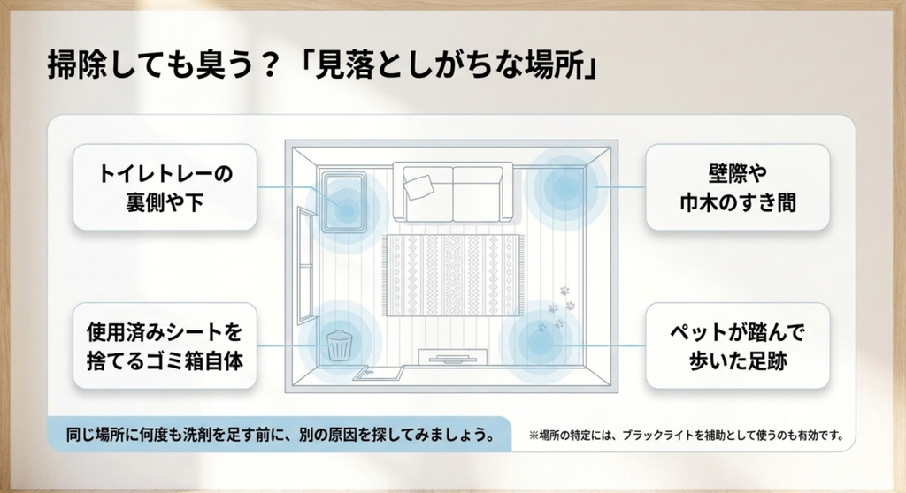 トイレトレーの裏、壁際、ゴミ箱、ペットの足跡など掃除後も尿臭が残る原因を確認する場所