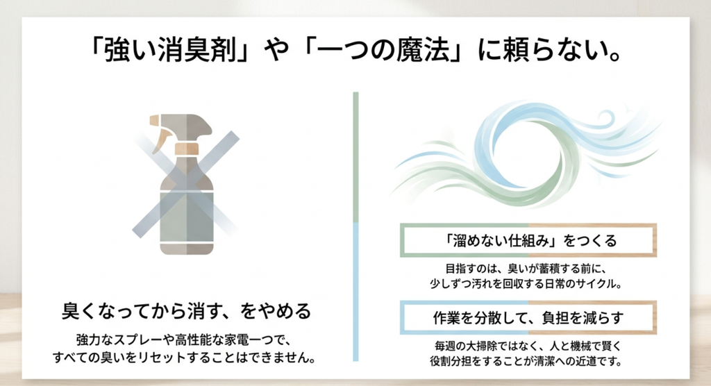 強い消臭剤や一つの家電だけに頼らず、臭いを溜めない仕組みと作業分担で清潔な部屋を維持する考え方を示したスライド