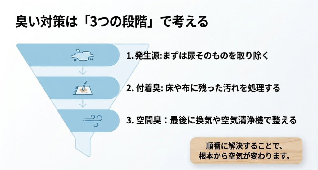 ペットの尿臭を発生源の除去、付着臭の処理、空間臭の対策の3段階で解決する流れ