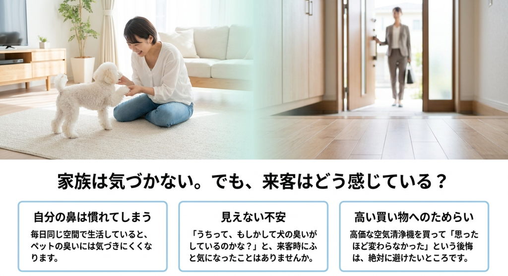 犬と暮らす女性と家を訪れる来客を描き、自分の鼻がペット臭に慣れることや来客時の不安、高価な空気清浄機購入へのためらいを示したスライド