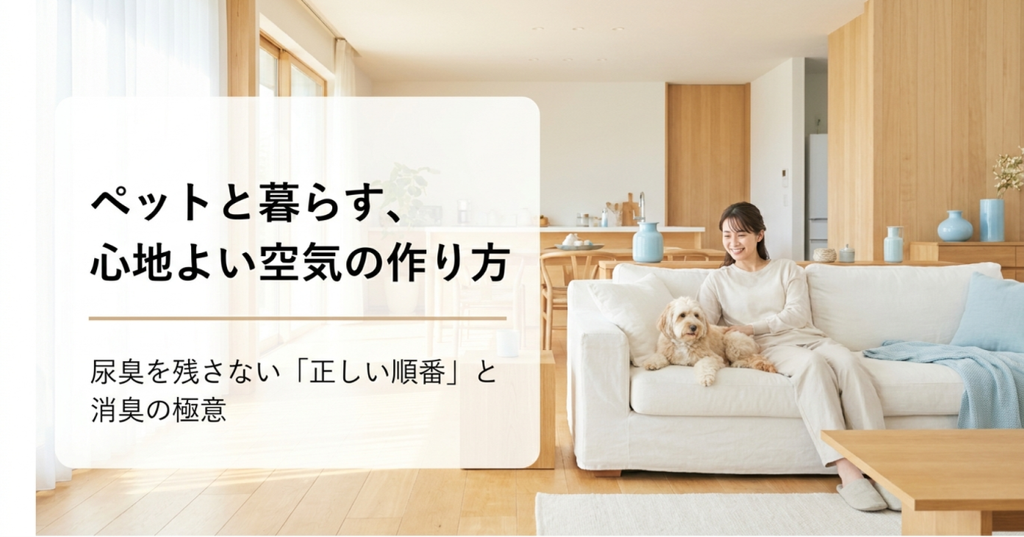 明るく清潔感のあるリビングの白いソファで、女性が愛犬とくつろいでいる様子。「ペットと暮らす、心地よい空気の作り方」「尿臭を残さない『正しい順番』と消臭の極意」と書かれ、ペットの尿臭を発生源から対策して快適な室内環境を整える記事内容を表している。