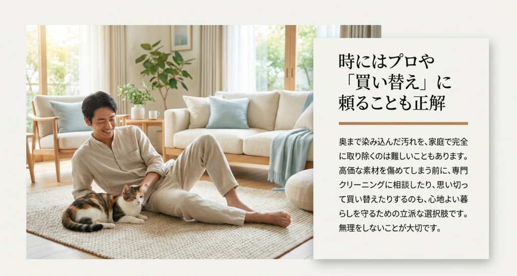 カーペットなどに深く染みたペット尿を無理に処理せず専門クリーニングや買い替えを検討する考え方