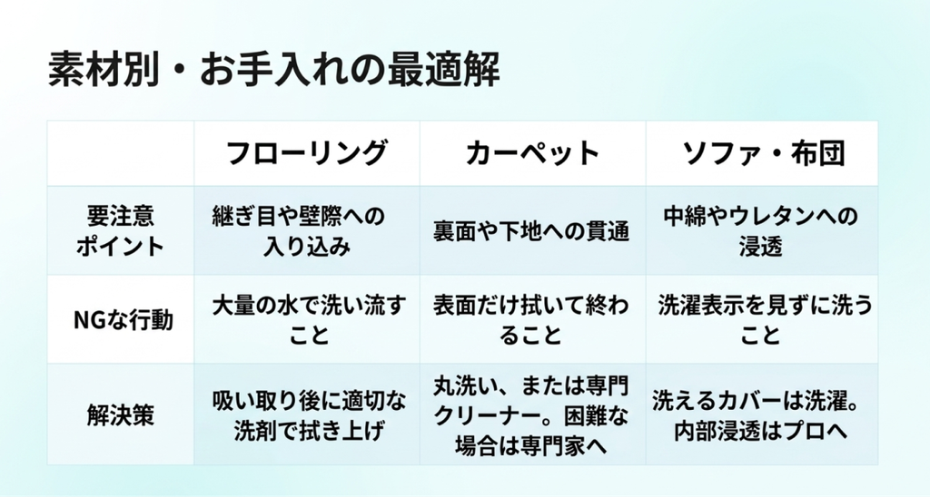 フローリング、カーペット、ソファや布団に付いたペット尿の注意点と適切な処理方法を比較した表