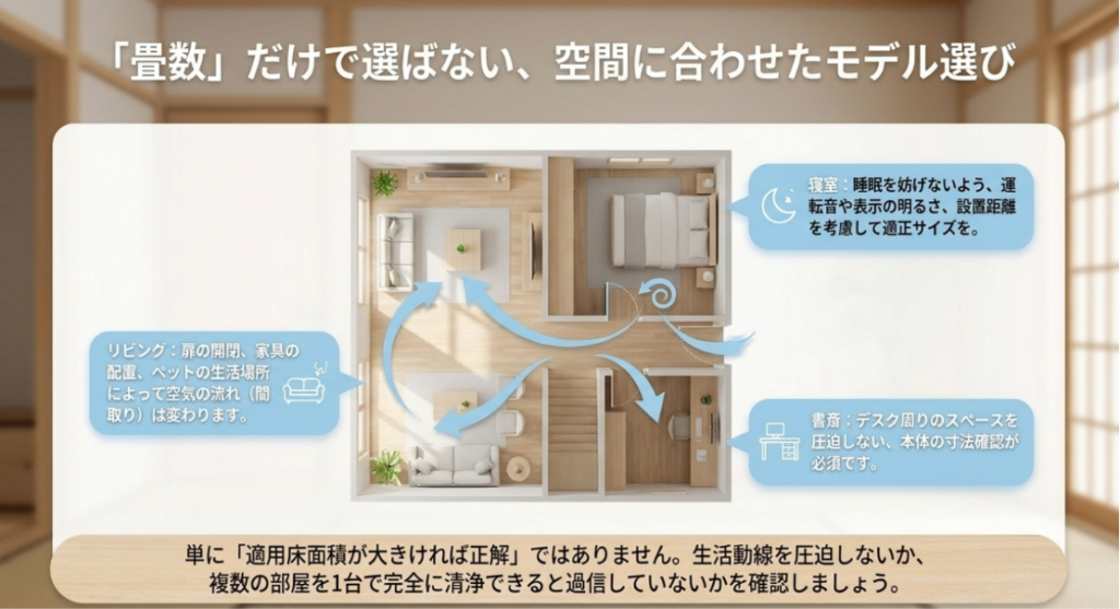 リビング、寝室、書斎の間取りと空気の流れを示し、畳数だけでなく運転音や設置距離、生活動線からモデルを選ぶ方法を示した図