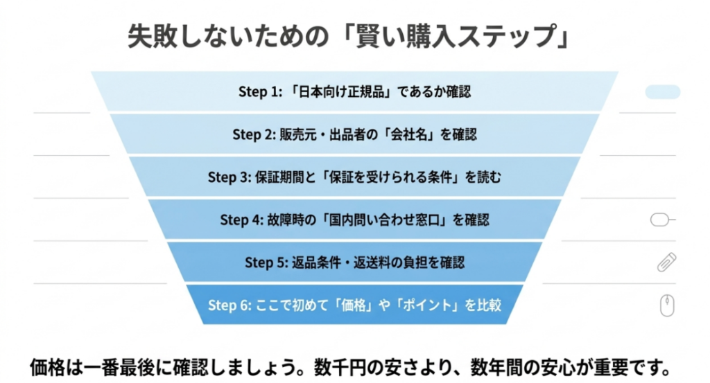 日本向け正規品、販売元、保証条件、国内窓口、返品条件を確認してから価格を比較する6つの購入手順