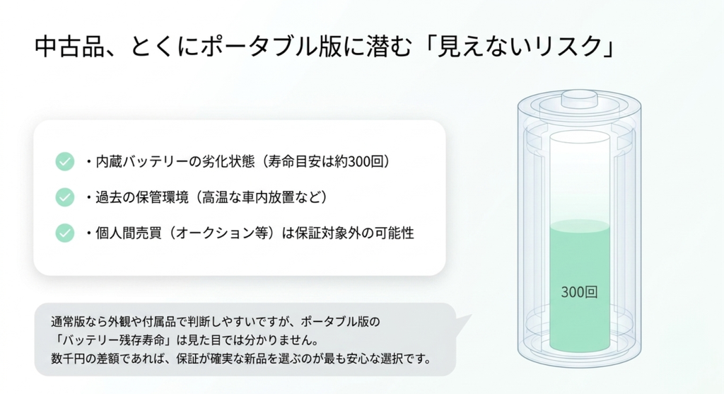 中古のmini portable購入時にバッテリー劣化や高温環境での保管歴、個人間売買の保証条件を確認するポイント