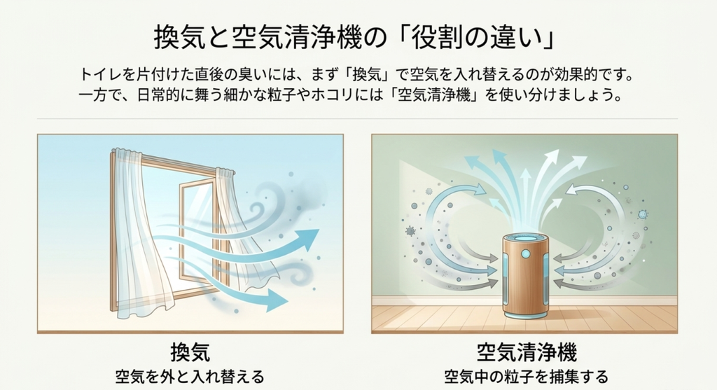 窓を開けて室内の空気を外と入れ替える換気と、空気中の粒子を捕集する空気清浄機の役割の違いを比較したスライド