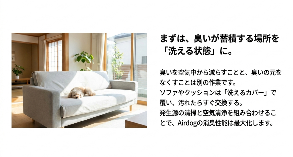 犬がくつろぐソファを洗えるカバーで覆い、汚れたら交換・洗濯できる状態にすることで付着臭の発生源を減らす方法を説明するスライド