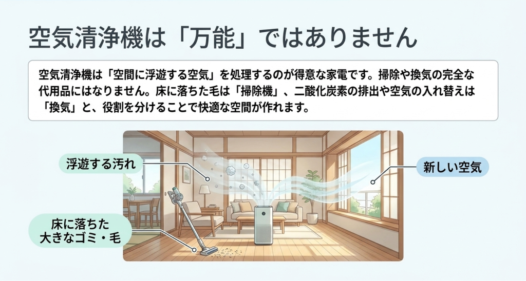 室内に浮遊する汚れは空気清浄機、床に落ちた大きなゴミや毛は掃除機、新しい空気への入れ替えは換気が担うことを示したリビングの図