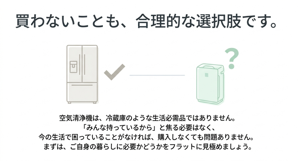 空気清浄機は生活必需品ではなく困りごとがなければ購入しない選択も合理的であることを示した図