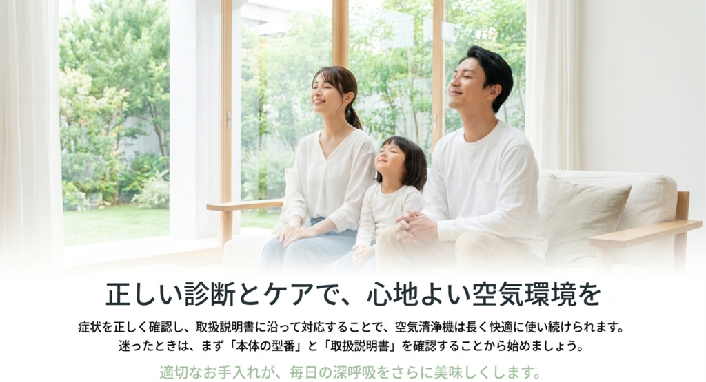明るいリビングのソファでくつろぐ親子3人の写真と、空気清浄機の本体型番や取扱説明書を確認し、適切なお手入れを続ける大切さを伝える画像。