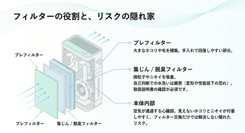 空気清浄機の分解イラストで、プレフィルター、集じん・脱臭フィルター、本体内部の位置と、それぞれの汚れや臭いを確認するポイントを示した図